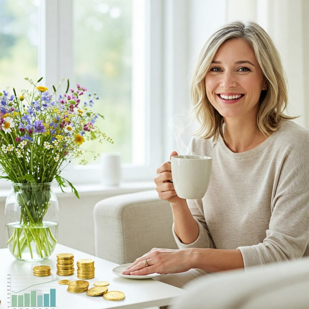 Mulher inspirada planejando suas finanças com um sorriso, refletindo a conexão entre bem-estar, propósito e gestão financeira.
