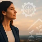 Mulher jovem olhando para o horizonte com expressão confiante, simbolizando mentalidade vencedora e foco em crescimento financeiro.
