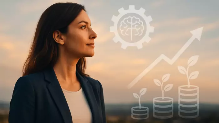 Mulher jovem olhando para o horizonte com expressão confiante, simbolizando mentalidade vencedora e foco em crescimento financeiro.