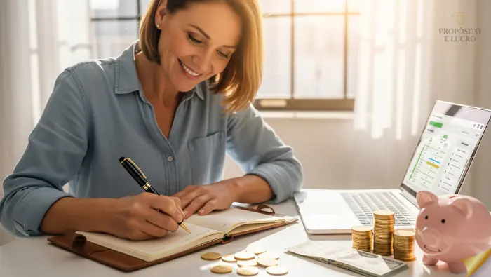 mulher-organizada-fazendo-orcamento-domestico-financeiro Mulher fazendo anotações de orçamento doméstico com notebook, moedas e cofrinho rosa