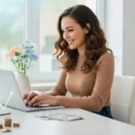 Mulher sorridente de 40 anos usando notebook em ambiente acolhedor, com elementos visuais de finanças, saúde e bem-estar, representando renda extra e propósito de vida.