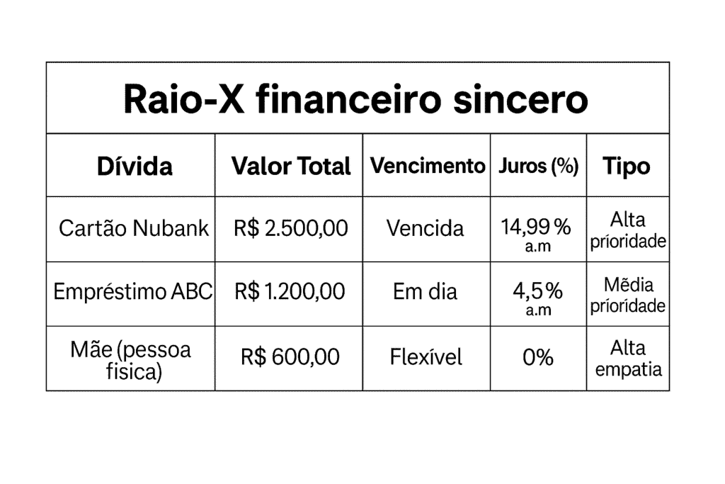 Raio-X financeiro sincero com organização de dívidas pessoais Tabela com levantamento detalhado das dívidas pessoais, incluindo valor total, vencimento, juros e tipo de dívida, essencial para o raio-X financeiro sincero.