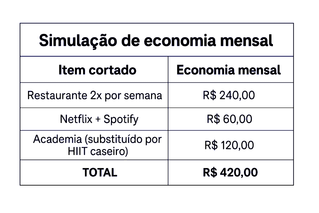 Simulação de economia mensal para sair das dívidas rapidamente Tabela mostra simulação de economia mensal ao cortar gastos como academia, streaming e restaurantes, parte do plano para sair das dívidas rapidamente.