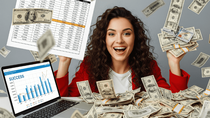 Sair das dívidas rapidamente com organização financeira e atitude positiva Mulher sorridente revisando suas finanças pessoais em casa após aplicar dicas para sair das dívidas rapidamente